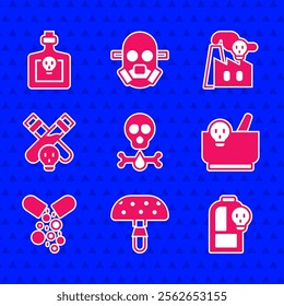 Set Bones and skull, Fly agaric mushroom, Beaker with toxic liquid, Mortar pestle, Poisoned pill, Bottle potion, Smoke from factory and  icon. Vector