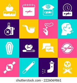 Set Bones and skull, No smoking, Man coughing, Hypnosis, pipe, electronic cigarette, Heartbeat increase and Hand with icon. Vector