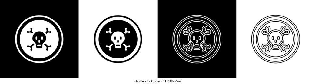 Set Bones and skull as a sign of toxicity warning icon isolated on black and white background.  Vector