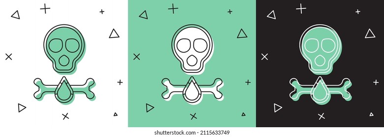 Set Bones and skull as a sign of toxicity warning icon isolated on white and green, black background.  Vector