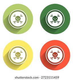 Set Bones and skull as a sign of toxicity warning icon isolated with long shadow background. Color circle button. Vector