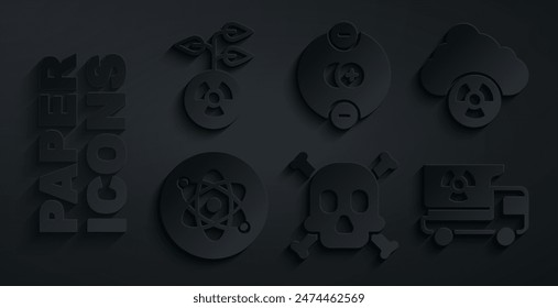 Set Bones and skull warning, Acid rain radioactive cloud, Atom, Truck with radiation materials,  and Radioactive icon. Vector