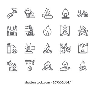 Set of Bonfire Related Vector Line Icons. Includes such Icons asfire, firefighters, fire extinguisher and more. - vector