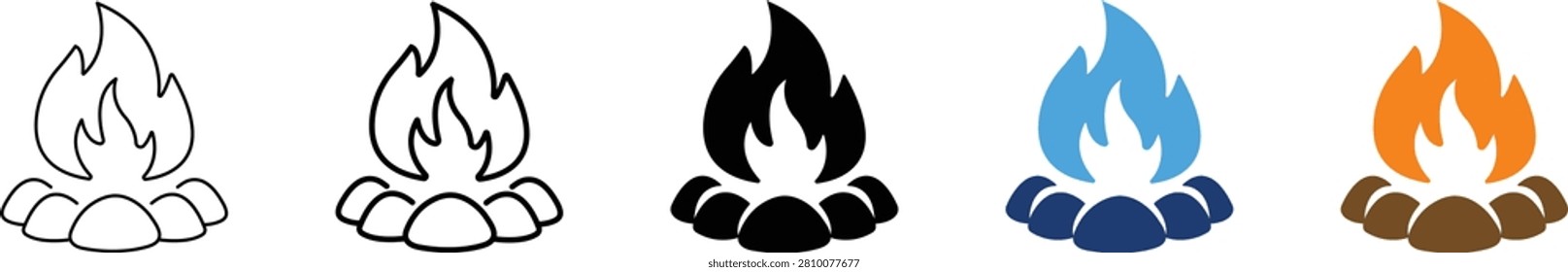 Set of Bonfire with stones icon. Campfire and outdoor fire symbol. Burning wood, flame and heat sign. Fire pit and camping concept representing warm bonfire and open flame.