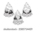 Set of bonfires with natural scenes inside. Collection of campfires with mountains, forest, river. Vacation. Travel. Logo for travelers. Vector illustration of adventure label design.