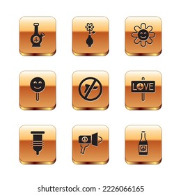 Set Bong, Condom, Megaphone, No war, Smile face, Flower, Beer bottle and in vase icon. Vector