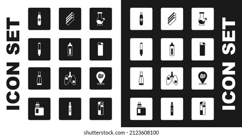 Set Bong, elektronische Zigarette, Zigarette, Feuerzeug, Rollpapier, Tabakblatt und Flasche Vape Flasche Icon. Vektorgrafik