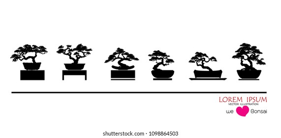 set of Bonsai, Black silhouette of bonsai. Detailed image. Vector illustration