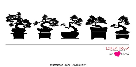 set of Bonsai, Black silhouette of bonsai. Detailed image. Vector illustration. Decorative arts. Mini tree in pot. Dwarf tree decoration art.  