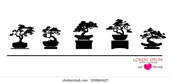 set of Bonsai, Black silhouette of bonsai. Detailed image. Vector illustration. Decorative arts. Mini tree in pot. Dwarf tree decoration art.  