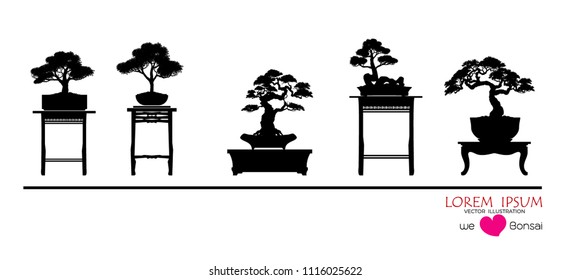 set of Bonsai, Black silhouette of bonsai. Detailed image. Vector illustration .