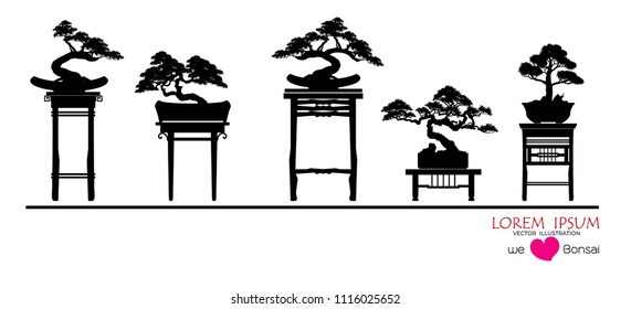 set of Bonsai, Black silhouette of bonsai. Detailed image. Vector illustration .