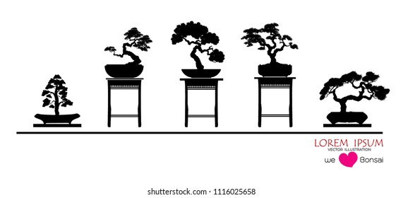 set of Bonsai, Black silhouette of bonsai. Detailed image. Vector illustration .