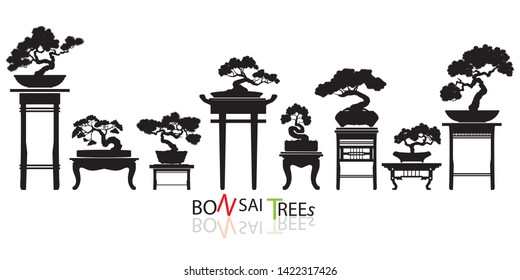 set of Bonsai, Black silhouette of bonsai. Detailed image. Vector illustration. Decorative arts. Mini tree in pot. Dwarf tree decoration art.  