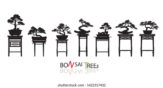 set of Bonsai, Black silhouette of bonsai. Detailed image. Vector illustration. Decorative arts. Mini tree in pot. Dwarf tree decoration art.  