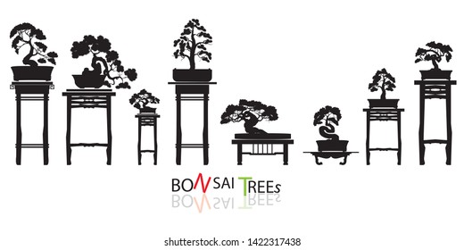 set of Bonsai, Black silhouette of bonsai. Detailed image. Vector illustration. Decorative arts. Mini tree in pot. Dwarf tree decoration art.  