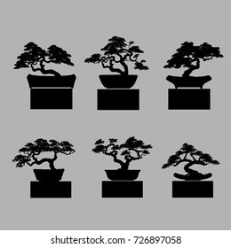 set of Bonsai . Black silhouette of bonsai. Detailed image. Vector illustration.