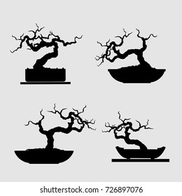set of Bonsai . Black silhouette of bonsai. Detailed image. Vector illustration.