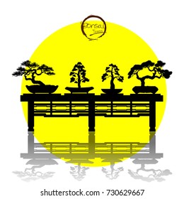 set of Bonsai . Black silhouette of bonsai. Detailed image. Vector illustration.