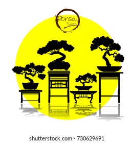 set of Bonsai . Black silhouette of bonsai. Detailed image. Vector illustration.
