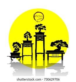 set of Bonsai . Black silhouette of bonsai. Detailed image. Vector illustration.