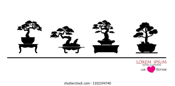 set of Bonsai, Black silhouette of bonsai. Vector illustration. Original bonsai style vector illustrations. Decorative arts Small plant in pot Decorative plants, dwarf trees, ornamental plants.