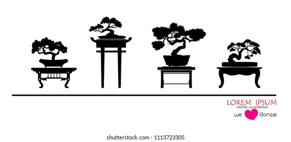 set of Bonsai, Black silhouette of bonsai. Vector illustration. Original bonsai style vector illustrations. Decorative arts Small plant in pot Decorative plants, dwarf trees, ornamental plants