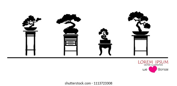 set of Bonsai, Black silhouette of bonsai. Vector illustration. Original bonsai style vector illustrations. Decorative arts Small plant in pot Decorative plants, dwarf trees, ornamental plants