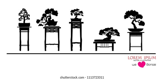 set of Bonsai, Black silhouette of bonsai. Vector illustration. Original bonsai style vector illustrations. Decorative arts Small plant in pot Decorative plants, dwarf trees, ornamental plants