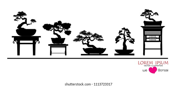 set of Bonsai, Black silhouette of bonsai. Vector illustration. Original bonsai style vector illustrations. Decorative arts Small plant in pot Decorative plants, dwarf trees, ornamental plants