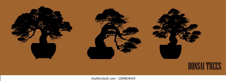 set of Bonsai, Black silhouette of bonsai. Vector illustration. Original bonsai style vector illustrations. Decorative arts Small plant in pot Decorative plants, dwarf trees, ornamental plants.