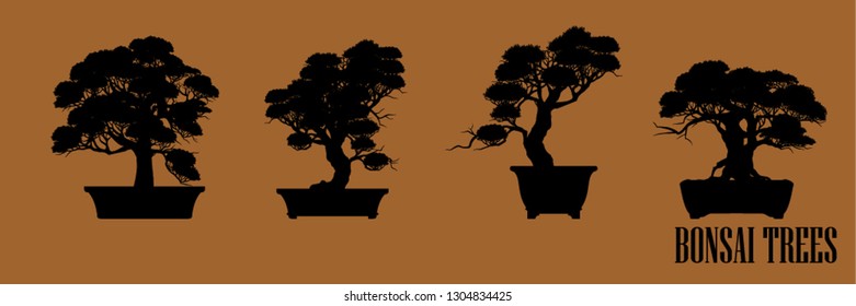 set of Bonsai, Black silhouette of bonsai. Vector illustration. Original bonsai style vector illustrations. Decorative arts Small plant in pot Decorative plants, dwarf trees, ornamental plants.