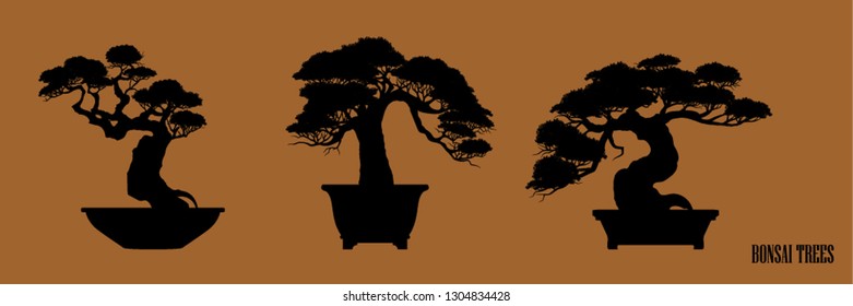 set of Bonsai, Black silhouette of bonsai. Vector illustration. Original bonsai style vector illustrations. Decorative arts Small plant in pot Decorative plants, dwarf trees, ornamental plants.