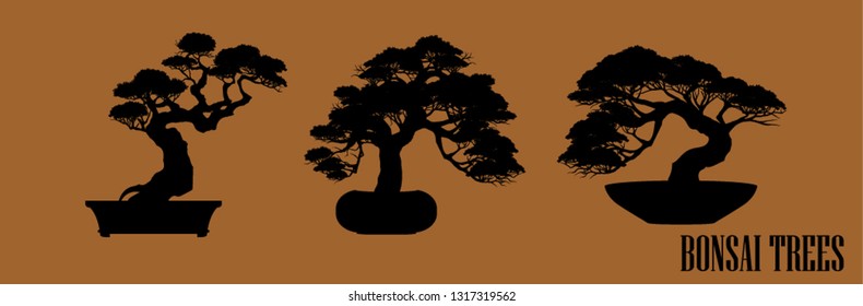 set of Bonsai, Black silhouette of bonsai. Vector illustration. Original bonsai style vector illustrations. Decorative arts Small plant in pot Decorative plants, dwarf trees, ornamental plants.