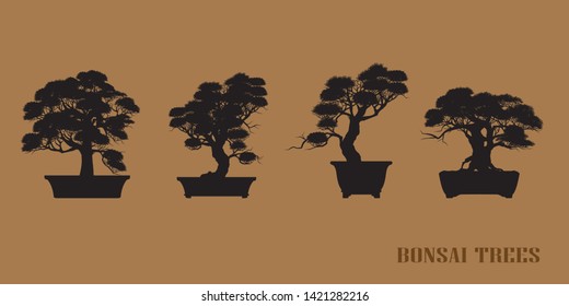 set of Bonsai, Black silhouette of bonsai. Vector illustration. Original bonsai style vector illustrations. Decorative arts Small plant in pot Decorative plants, dwarf trees, ornamental plants.