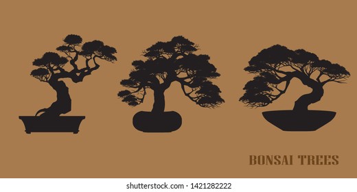 set of Bonsai, Black silhouette of bonsai. Vector illustration. Original bonsai style vector illustrations. Decorative arts Small plant in pot Decorative plants, dwarf trees, ornamental plants.