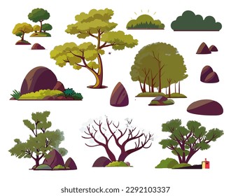 Set of bonsai Japanese trees. Beautiful realistic tree, garden stone, plant. Bonsai tree on the box. Decorative little tree vector illustration. Nature art
