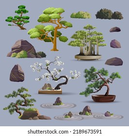 Set of bonsai Japanese trees grown in containers. Beautiful realistic tree, garden stone, plant. Bonsai tree on the box. Decorative little tree vector illustration. Nature art