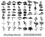 Set of Bonsai Japanese trees silhouette growing in pots and containers. Drawing from real trees. Decorative little trees in Bonsai style set, hobby. Vector.