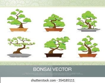 set of bonsai plant  in the pot illustration vector flat style