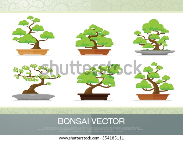 鉢イラストの中の盆栽植物のセット ベクターフラットスタイル のベクター画像素材 ロイヤリティフリー