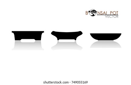 set of Bonsai pot . Black silhouette of bonsai. Detailed image. Vector illustration