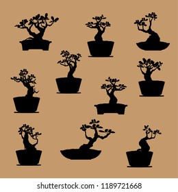 Set of Bonsai tree, black silhouette of bonsai, Detailed image, Vector illustration, Japanese and Chinese trees. Mini tree in pot on red background. 