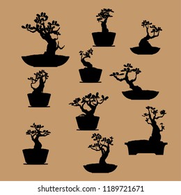 Set of Bonsai tree, black silhouette of bonsai, Detailed image, Vector illustration, Japanese and Chinese trees. Mini tree in pot on red background. 