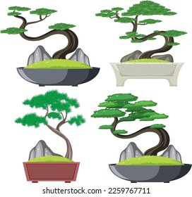 Set of bonsai tree isolated illustration