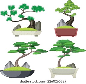 Set of bonsai tree isolated illustration