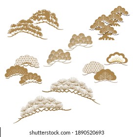 Set of bonsai tree object vector. Asian icons with Japanese elements. Logo design, flyer or presentation in vintage style.