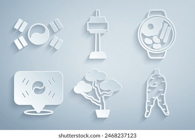 Set Bonsai tree, Ramen, Location South Korea, Ginseng root, N Seoul tower and flag icon. Vector