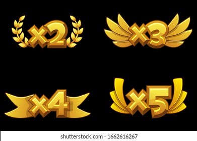 Set of bonuses of gold numbers with multiplication for the game. Golden signs with wreaths and ribbon for a win.