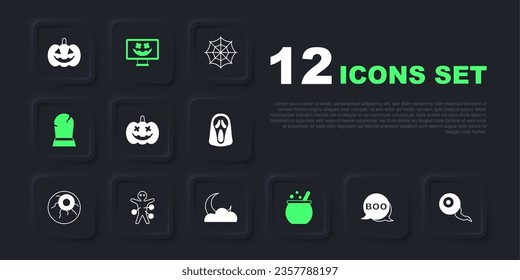 Set Boo speech bubble, Eye, Pumpkin, Halloween witch cauldron, Tombstone with RIP written, Voodoo doll, Happy holiday and Moon and stars icon. Vector